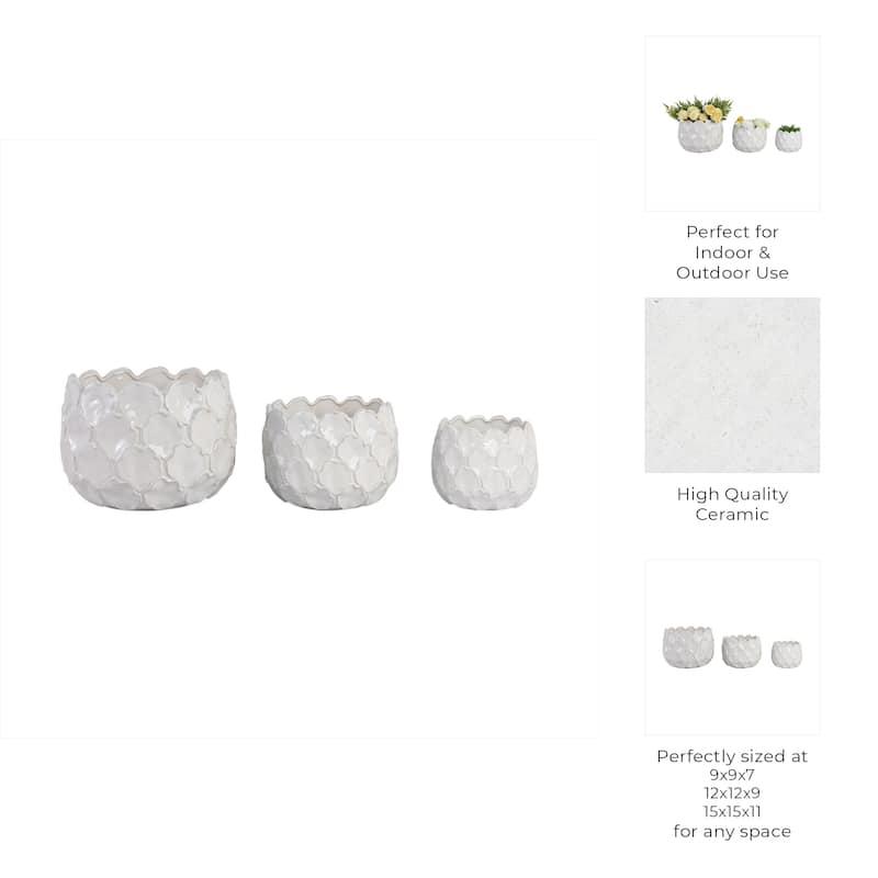 Stoneware Planters Textured Quatrefoil (Set of 3) - 11", 9", 7" White - 15" x 15" x 11"