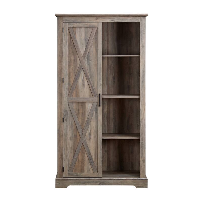Tall Storage Cabinet Barn Door Storage,Country Wood Farmhouse Cupboard - Gray Wash