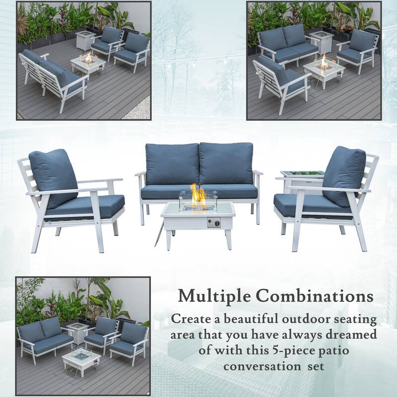 Walbrooke Modern 4-Piece Aluminum Patio Polyester Seating Furniture Set with 37,000 BTU Propane Fire Pit Table and Tank Holder