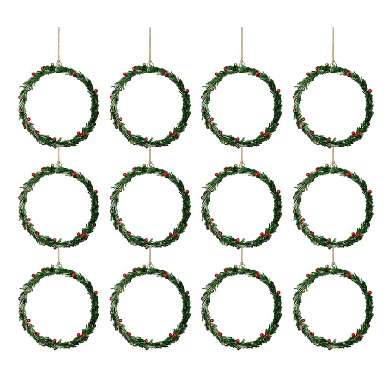 Festive Beaded Christmas Round Hanging Ornaments with Red Berries, Set of 12, 6"
