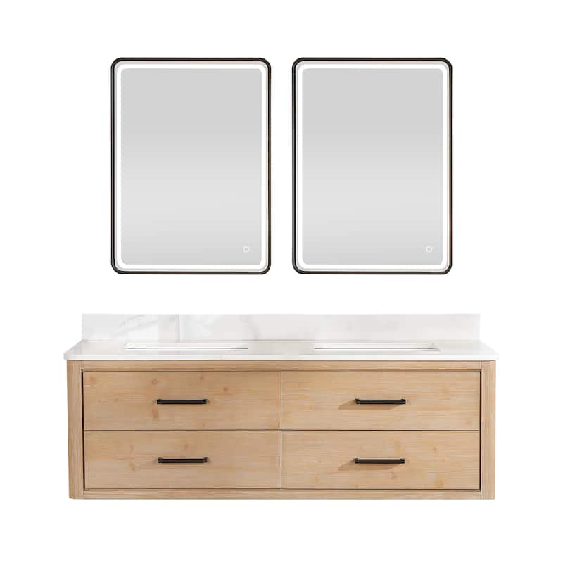 Cristo Floating Bath Vanity with White Quartz Stone Top and Mirror - 60 in. - Fir Wood Brown