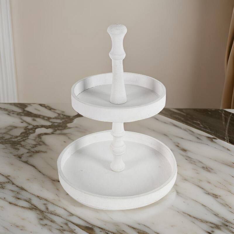 Semy 15 Inch 2 Tier Round Decorative Serving Tray, White Wood Finish