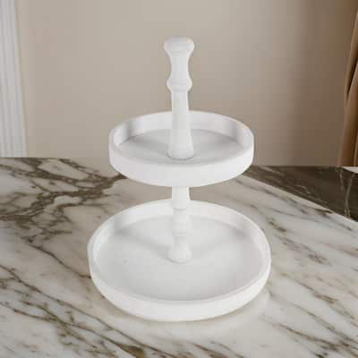 Semy 15 Inch 2 Tier Round Decorative Serving Tray, White Wood Finish