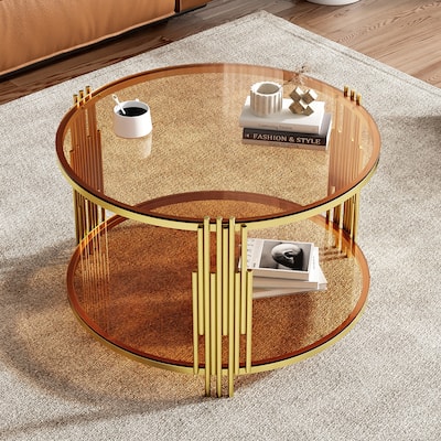 Modern Brown Glass Coffee Table, Asymmetrical Metal, Circular Metal Drum Base, Gold Finish & Lower Shelf