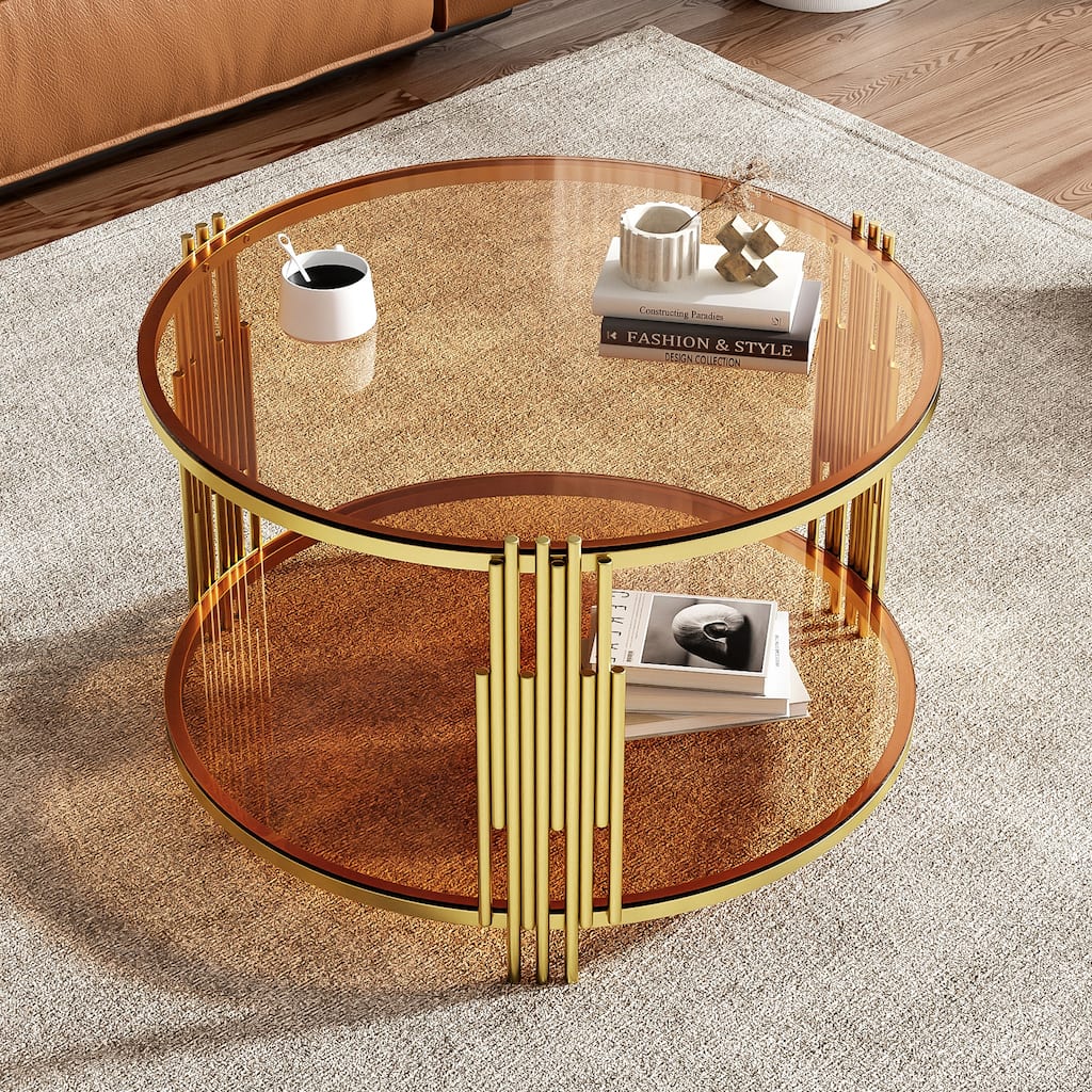Modern Brown Glass Coffee Table, Asymmetrical Metal, Circular Metal Drum Base, Gold Finish & Lower Shelf
