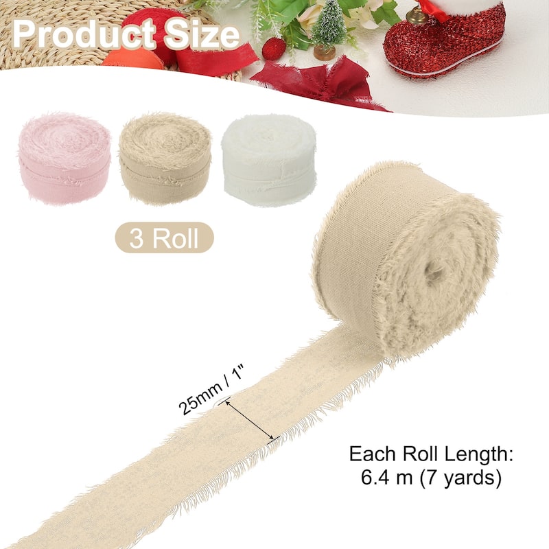 3Roll Cotton Handmade Fringe Ribbon 1"x21Yd Frayed Fringe Ribbons - 7Yd - Pink/Beige/Nude