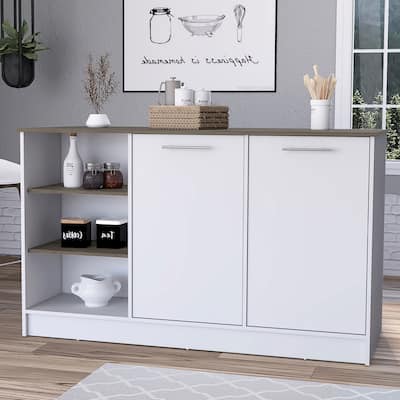 White/Dark Brown Kitchen Island with 3 Open Shelves, 2 Cabinets, Spacious Countertop