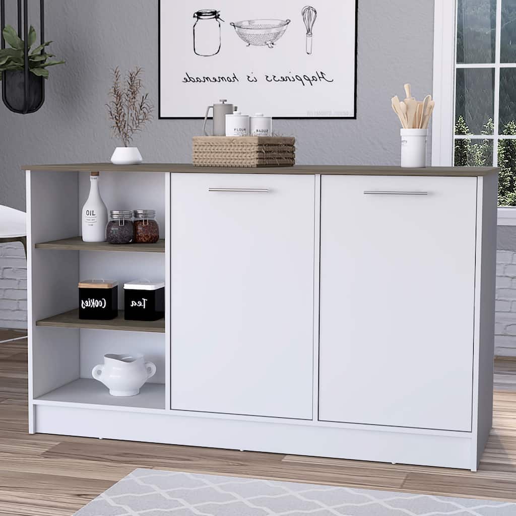 White/Dark Brown Kitchen Island with 3 Open Shelves, 2 Cabinets, Spacious Countertop