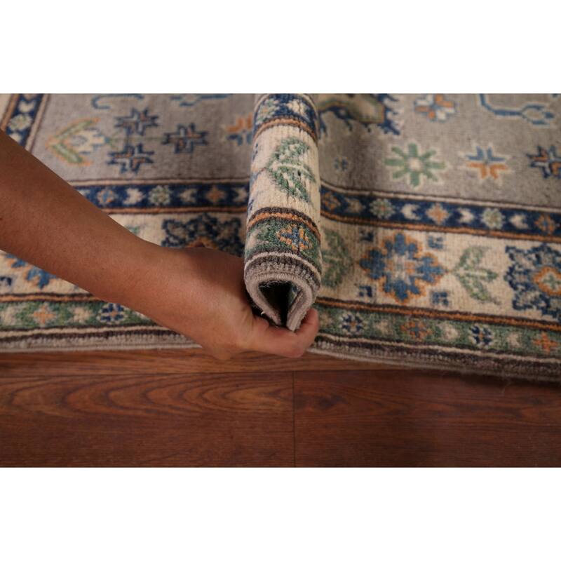 Geometric Kazak Foyer Rug Handmade Grey Wool Carpet - 2'9" x 4'0"
