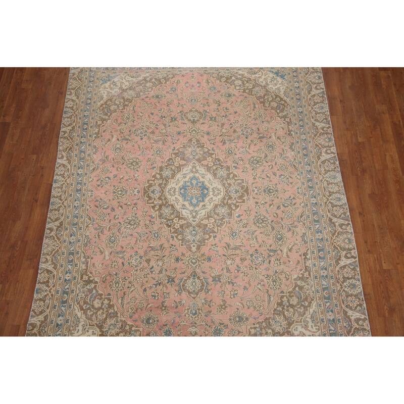 Hand Knotted Oriental 100% Wool Carpet Traditional Floral Pink Mashad Area Rug - 9' 8'' X 6' 7''