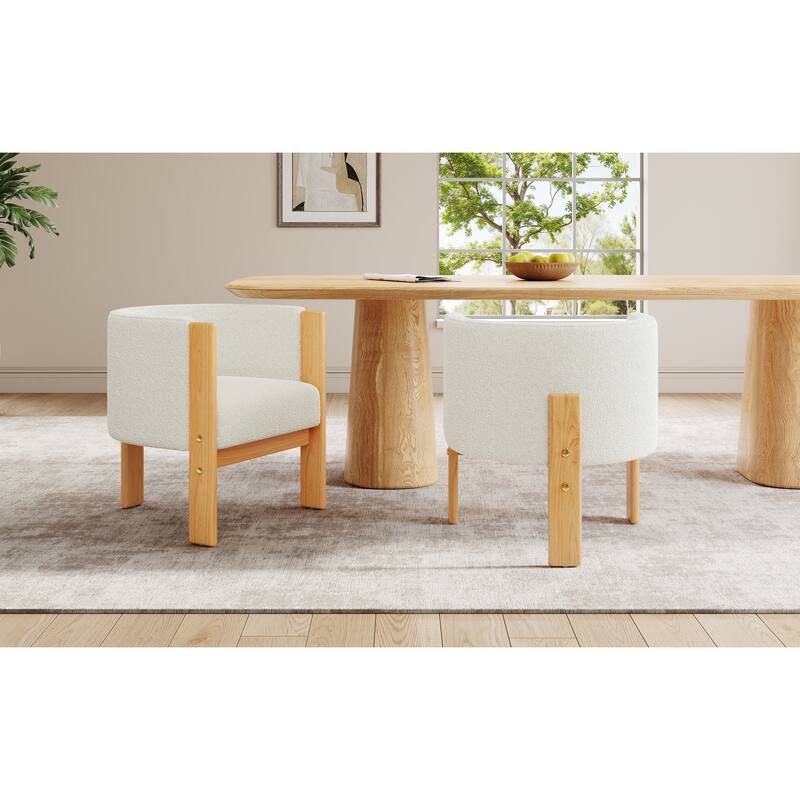 Boucle Upholstered Dining Chairs Set of 2, Kitchen Chairs with Armrests & Backrest, Accent Chairs with Rubber Wood Frame