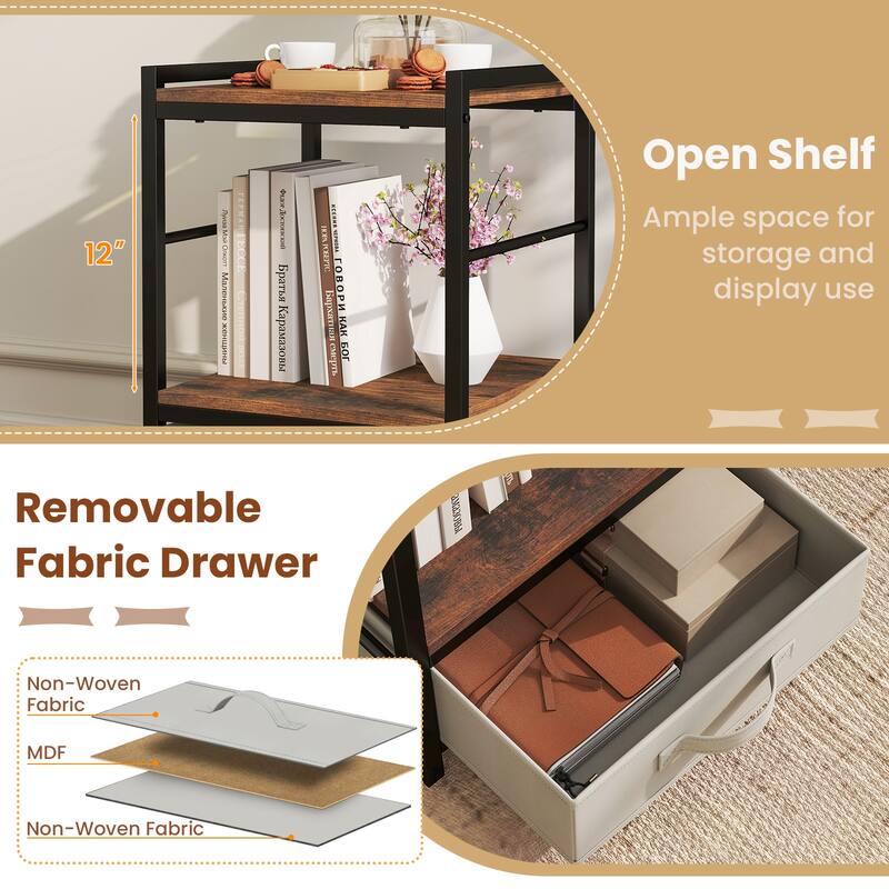 Rustic Brown Side End Table with Grey Drawer and Shelf Metal Frame for Bedroom or Living Room - 16" x 16" x 24"