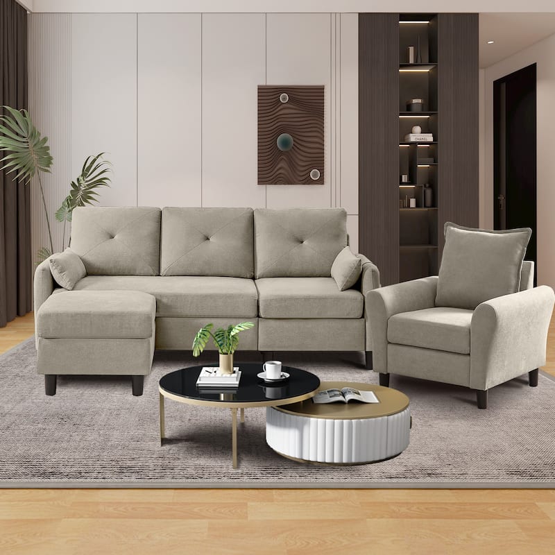 3-Pieces Sectional Sofa Set with Ottoman and Chair - Beige