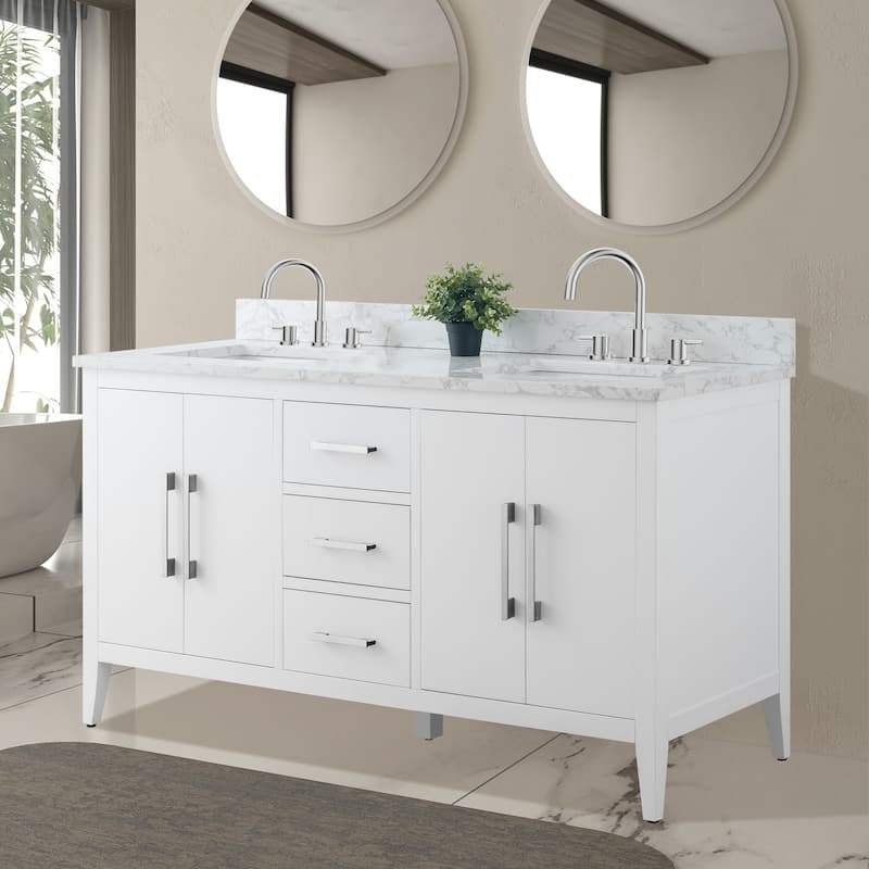 Vanity Art 60" Double Sink Bathroom Vanity Cabinet with Engineered Marble Top
