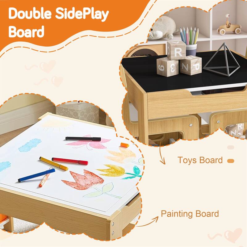 3-in-1 Kids Activity Table Set with Chairs Dual-Sided Whiteboard and Chalkboard for Play - Table-23.62”L x 23.62”W x 18.9”H