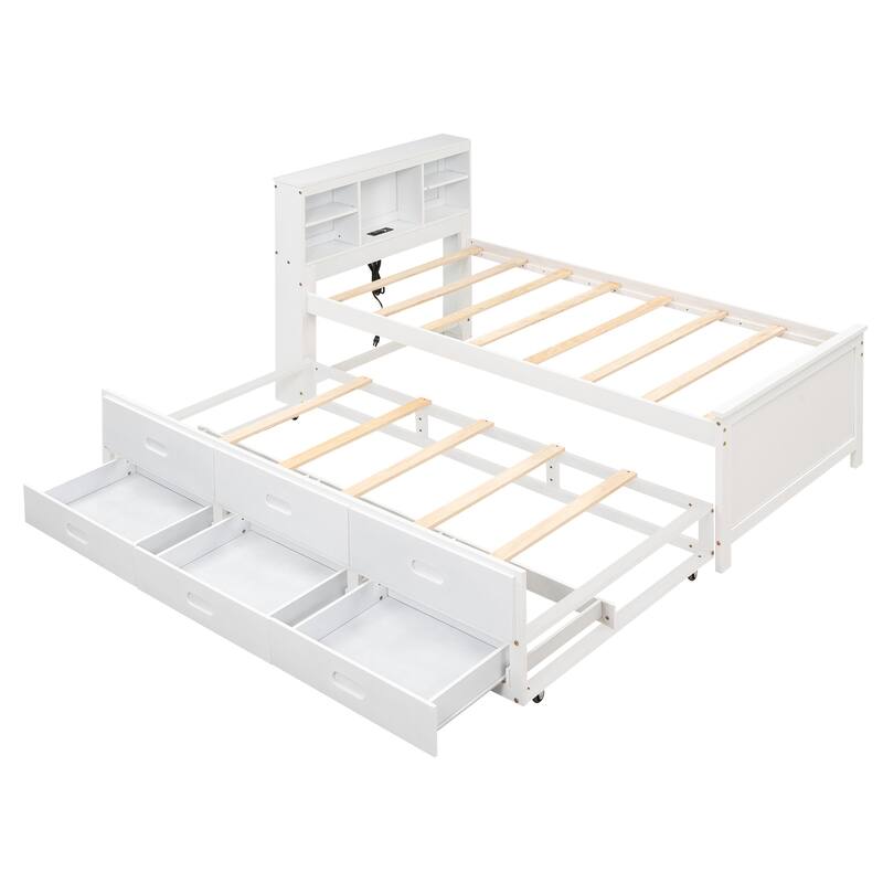 Twin Size Platform Bed with Storage Headboard and USB, Pull-out Trundle Bed and Drawers Storage Bed for Bedroom, Apartment