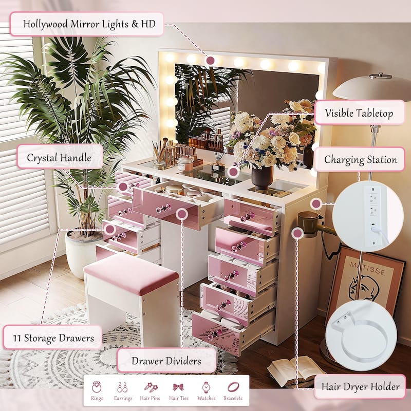 Makeup Vanity with 15 Hollywood Bulbs, 3 Color Lighting Modes Adjustable Brightness