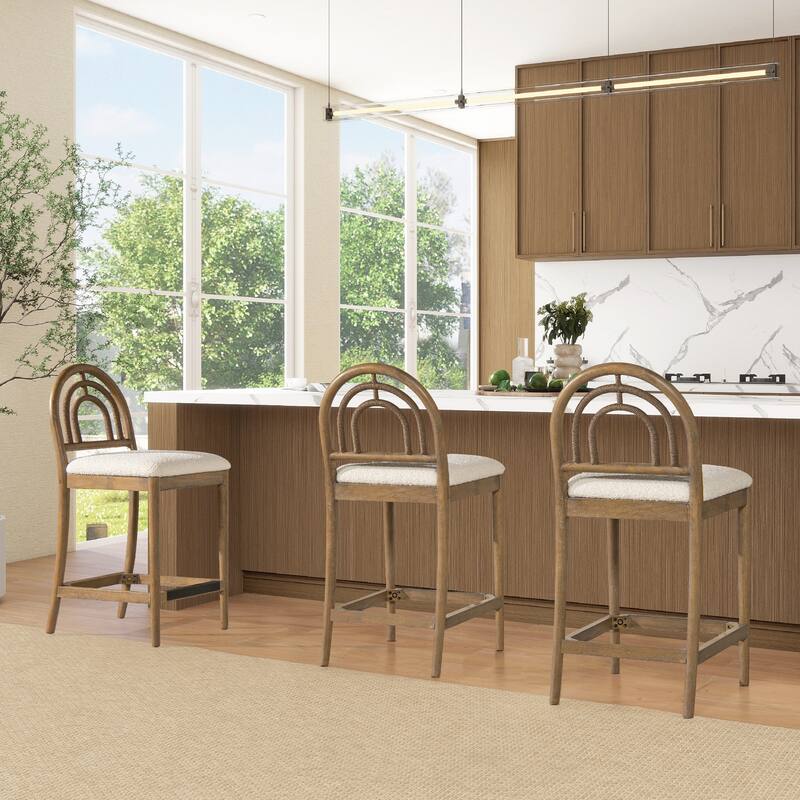 Arched Back Wood & Upholstered Counter Stool Set