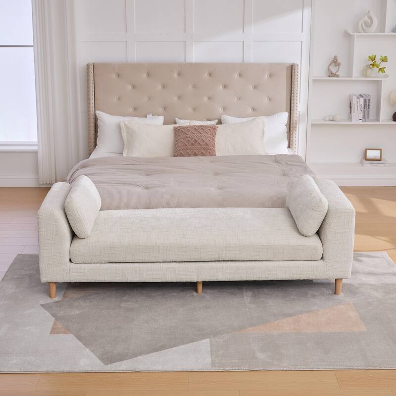 Ottoman Bench with Armrests, Chenille Upholstered End of Bed Bench, Window Bench with 2 Bolster Pillows & Rubberwood Legs