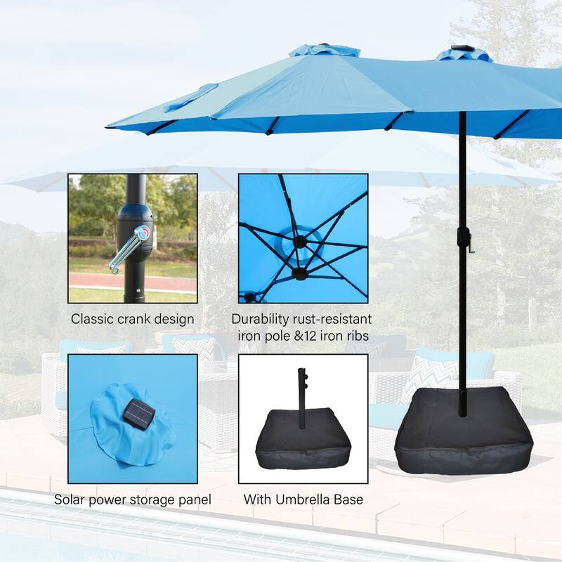 Large 2-Sided Rectangular Outdoor Umbrella 2 Floor Patio Umbrella with Light and Base for Garden and Outdoor - Blue