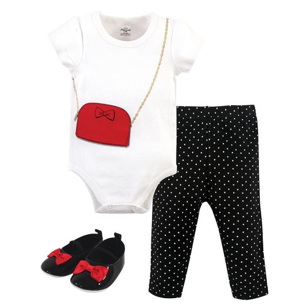 slide 1 of 1, Little Treasure Baby Girl Cotton Bodysuit, Pant and Shoe 3pc Set, Red Purse 0-3 Months - Red Purse