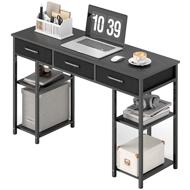 Steel Computer Desk with Drawers and Adjustable Shelves - Black