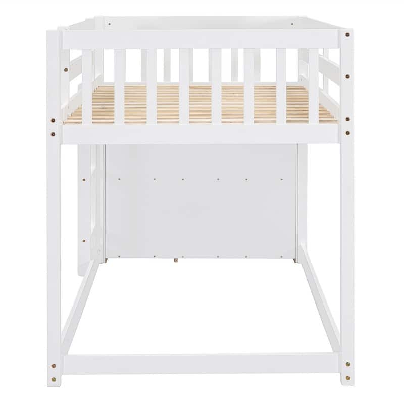 Twin Over Twin/Full Over Full Floor Bunk Bed with Drawers and 3 Storage Shelves, Solid Wood Low Bunk Bed Frame with Ladder