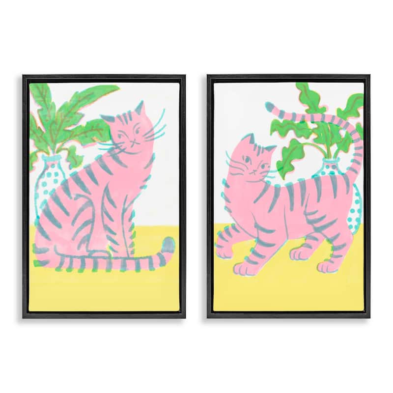 Stupell Pastel Pink Cats & Plants Framed Floater Canvas Wall Art Design By Hannah Moren (Set of 2) - 17 x 25 - Black