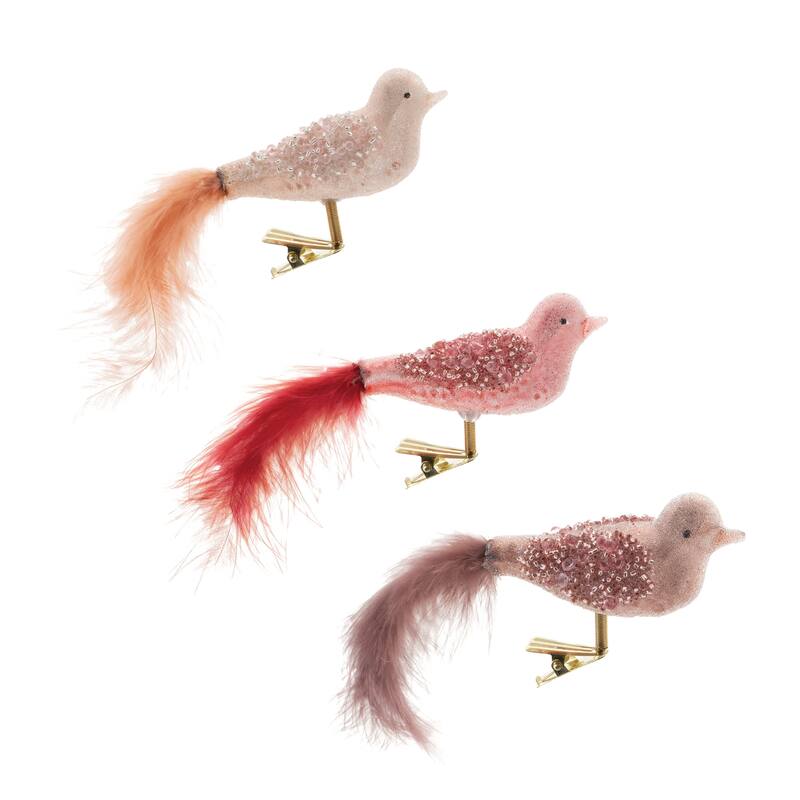 Glass Beaded Bird Ornaments with Clip Set of 12 Festive Decor - 6” x 1” x 2” (L x W x H) - Purple/Pink