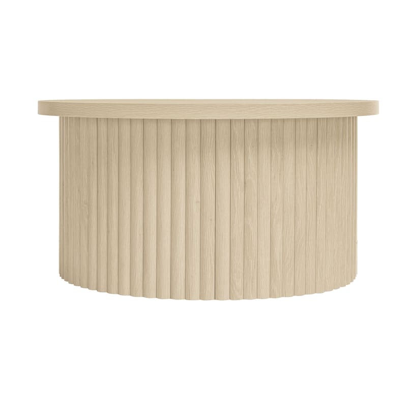 Round Coffee Table with Wood Grain Vertical Stripes, Small Fluted Circle Side Table, Center Table with Adjustable Feet
