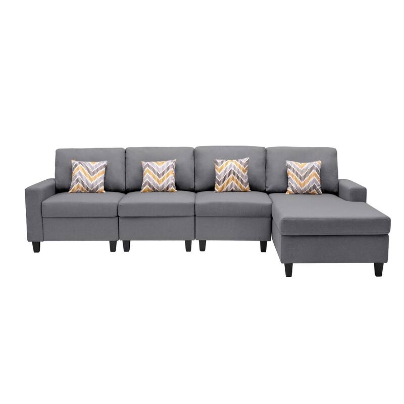 Linen Fabric 4 Piece Reversible Sectional Sofa Chaise with Pillows and Interchangeable Legs in Grey