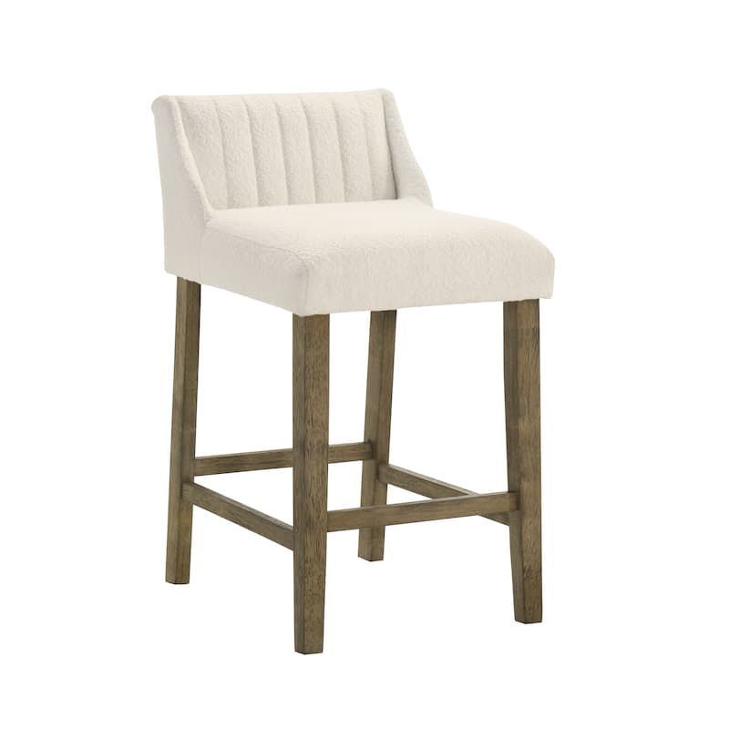 Fauna Low-Back Boucle Bar Stool, Upholstered Counter Height Kitchen Barstool with Wood Legs