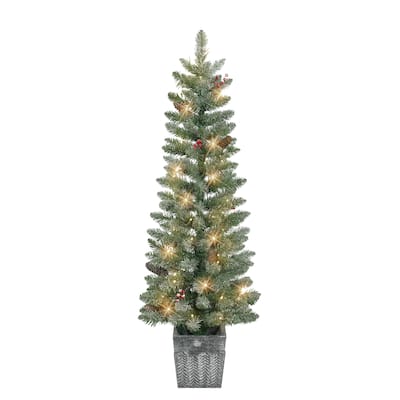 Puleo International Set of 2 Battery-Operated Pre-Lit Flocked Potted Trees