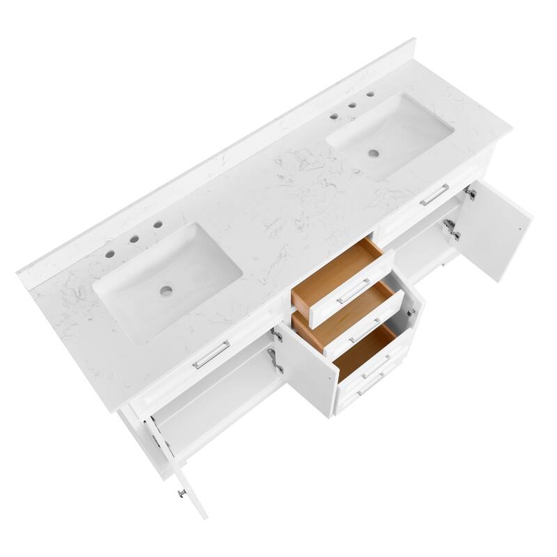 AstralLight 72 in. Double Sink Freestanding White Bath Vanity with White Quartz Stone Top