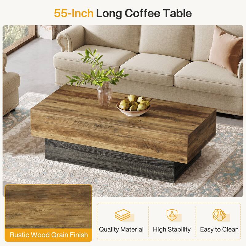 Farmhouse Wood Coffee Table, 55-Inch Rectangle Large Tea Table