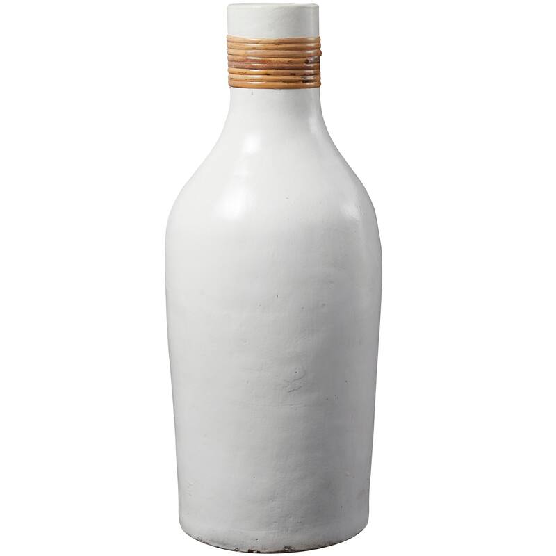White Ceramic Decorative Vase with Wrapped Rattan Detailing - 8"W, 20"H