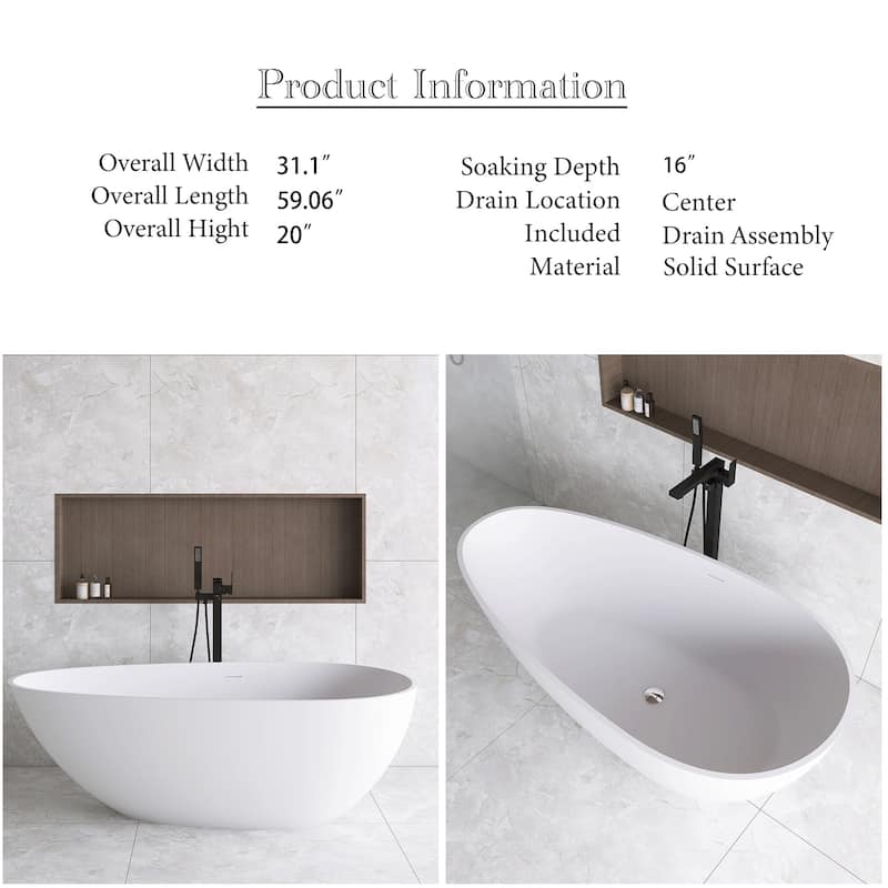 Solid Surface Freestanding Bathtub in Matte White