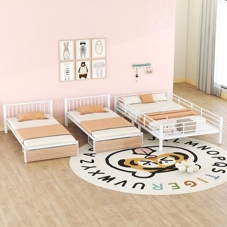 Full Over Twin & Twin Triple Bunk Bed w/ Drawers, Multi-functional Metal Frame Bed with Desks and Shelves in the Middle, White