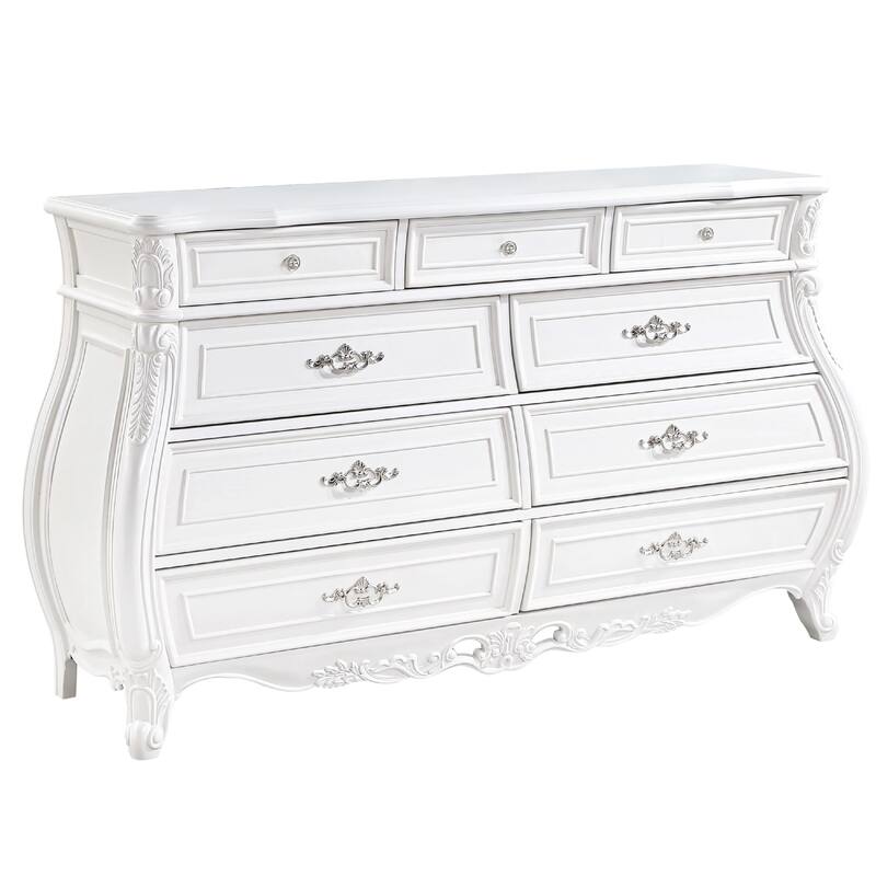Valena 9 Drawer Wide Dresser, White Solid Wood with Carved Accents