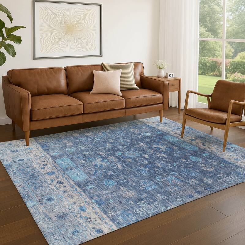 Machine Washable Indoor/ Outdoor Traditional Border Chantille Rug