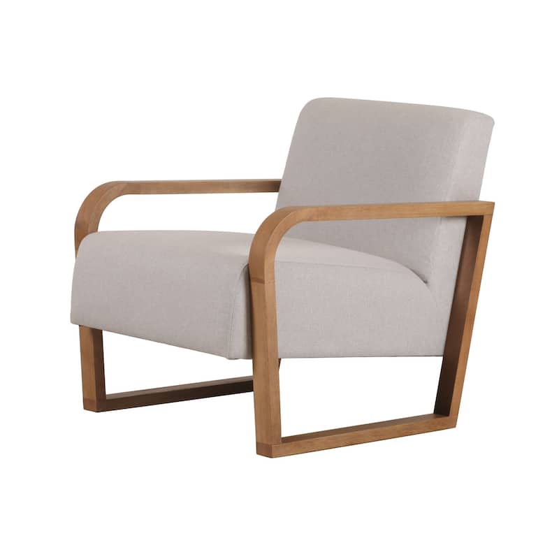 27 Inch Accent Chair, Cushioned Seat and Back, Beige Linen, Brown Wood
