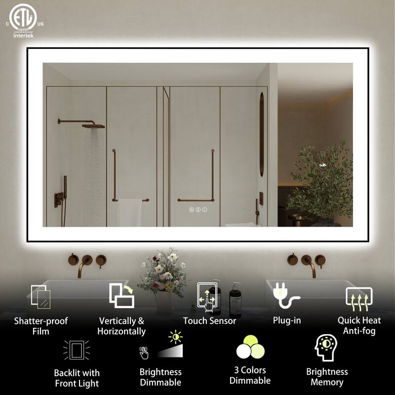 Rectangular Aluminum Framed Backlit and Front Light LED Wall Bathroom Vanity Mirror - N/A