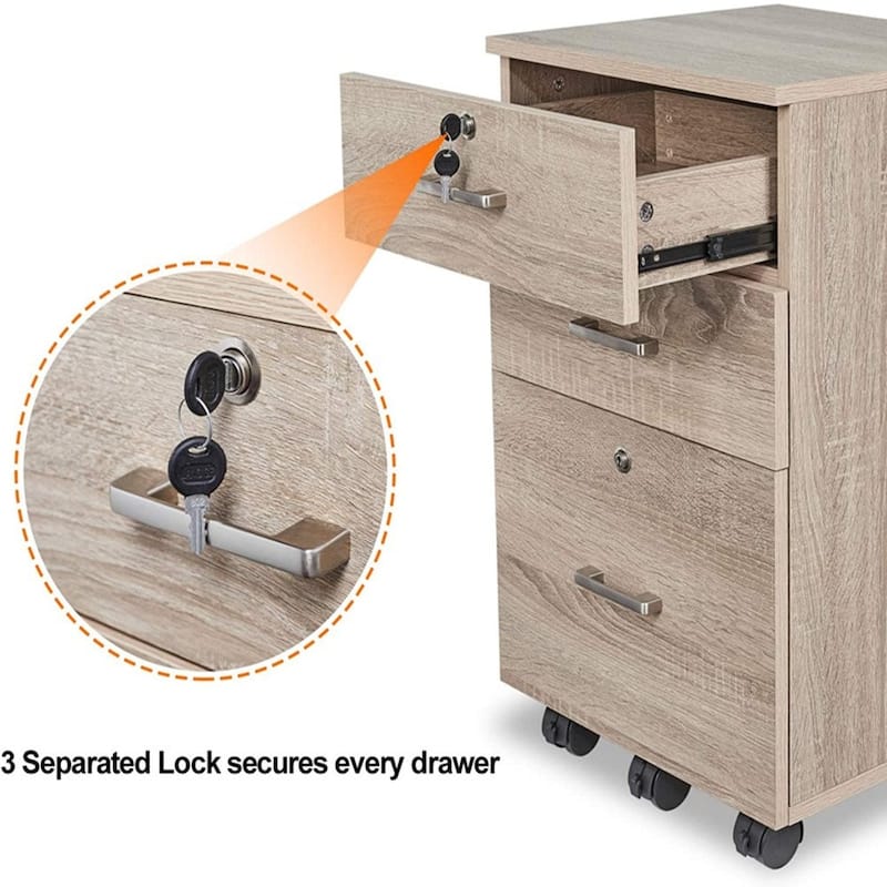 Zimtown 3-Drawer Rolling Wood File Cabinet with Lock