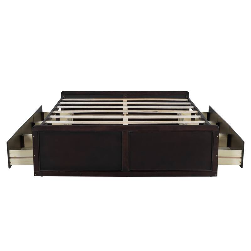 Queen Size Wooden Platform Bed Frame with 6 Drawers, Low Profile Storage Bed