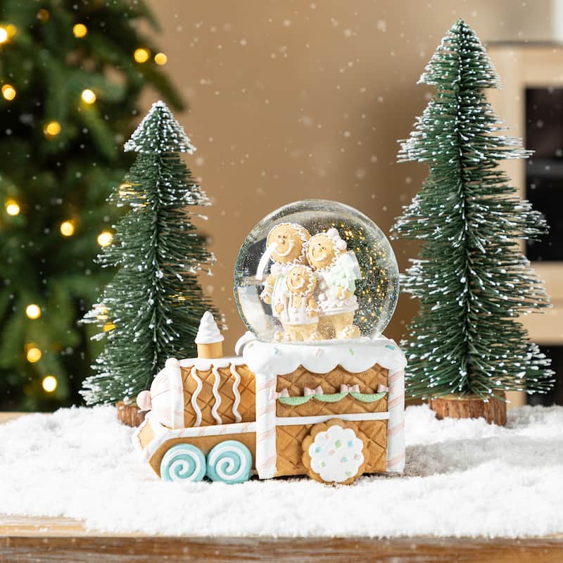 Glitzhome 100mm Christmas Resin Musical Snowflakes Ginginerbread Family Train Waterglobe