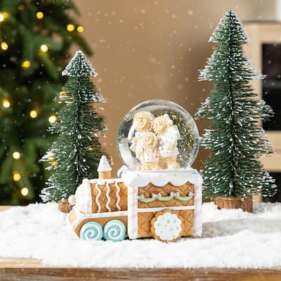 Glitzhome 100mm Christmas Resin Musical Snowflakes Ginginerbread Family Train Waterglobe