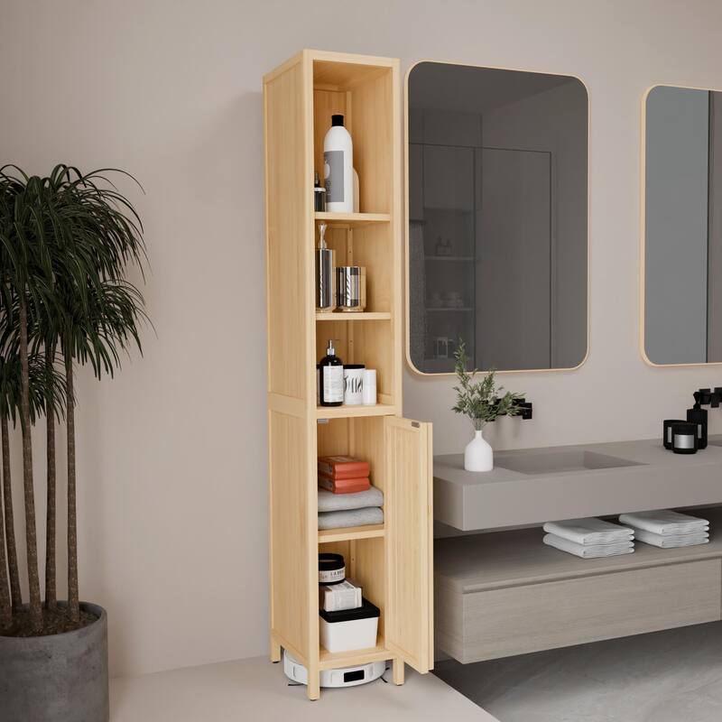 Anmytek Natural Bamboo Slim Tall Bathroom Storage Cabinet, Large Capacity Narrow Organizer with Open Shelves