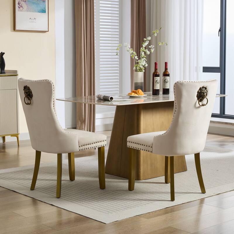 Velvet Dining Chairs Set of 2, Tufted Dining Chairs with Nailhead Trim, Kitchen Chairs with Lion Head Pulls Ring & Wooden Legs