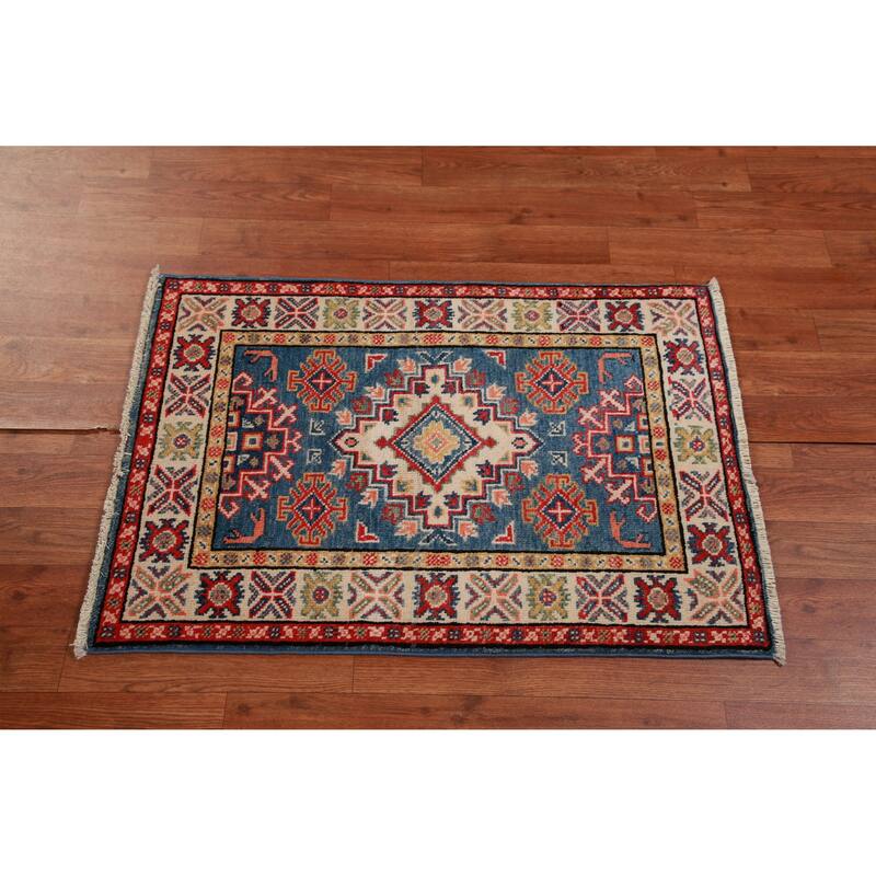 Geometric Kazak Oriental Foyer Rug Hand-Knotted Blue Wool Carpet - 2'0"x 3'0"