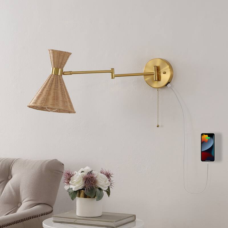 Lyla 25" 1-Light Mid-Century Vintage Retro Rattan/Metal USB Charging Swing Arm LED Sconce with Pull Chain, by JONATHAN Y